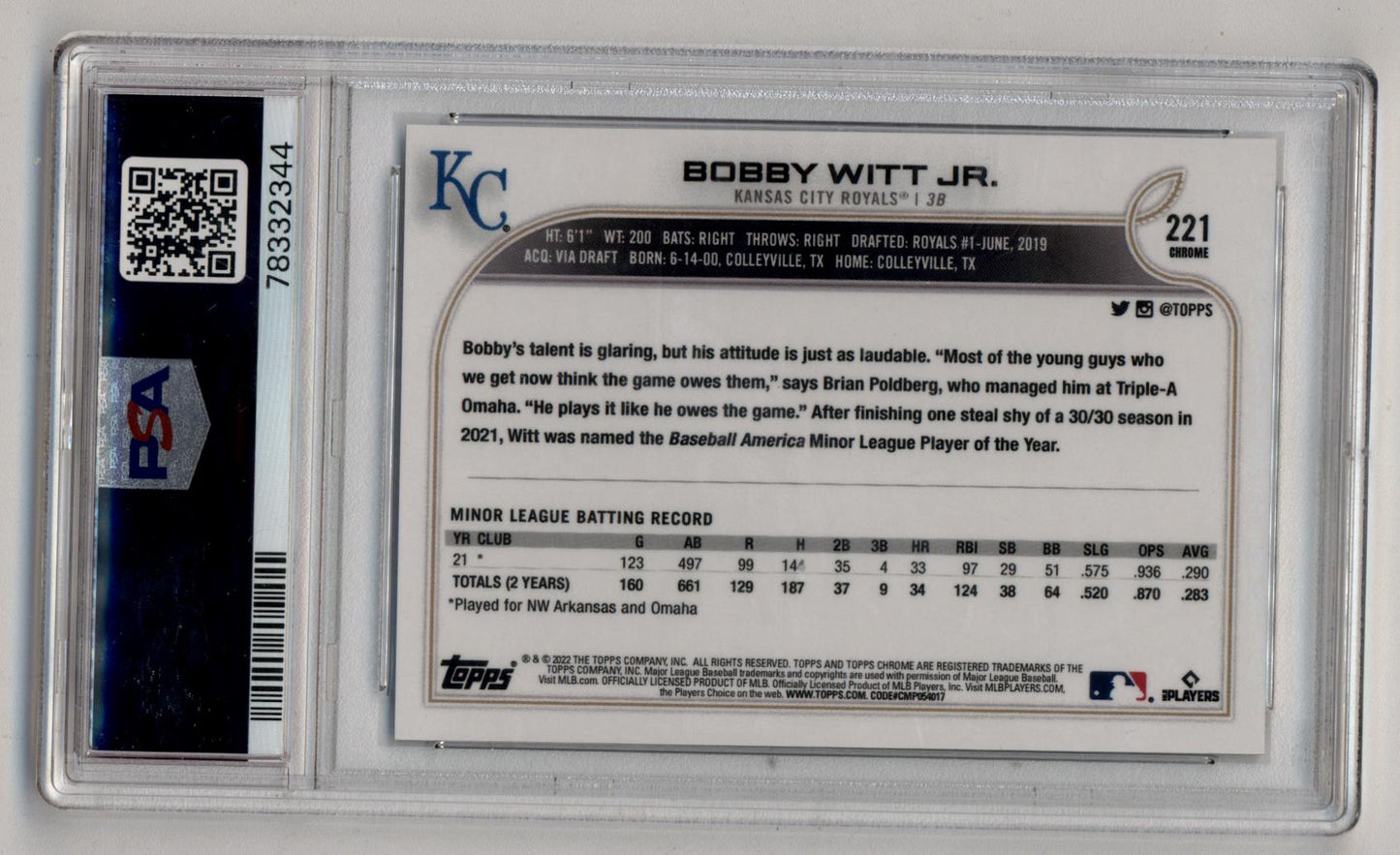 Bobby Witt Jr 2022 Topps Chrome Sp PSA 10 Gem Mint 2344