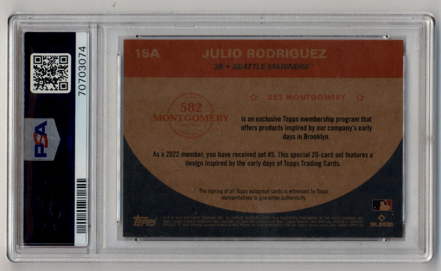 Julio Rodriguz 2022 Topps 582 Montgomery Set 5 Auto PSA 9 Mint