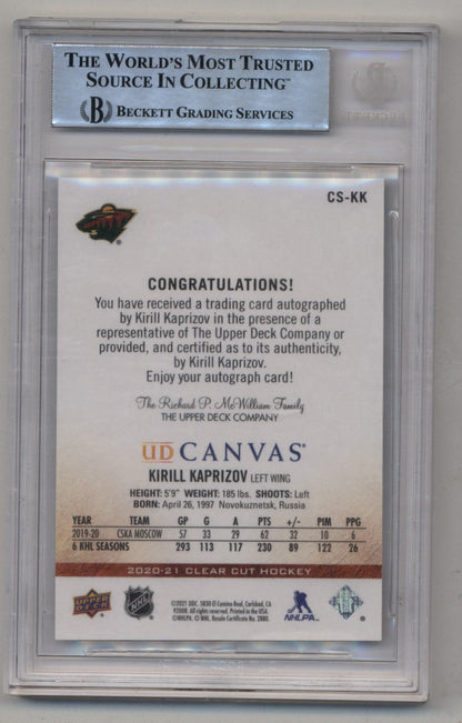Kirill Kaprizov 2020-21 UD Clear Cut Canvas Red Ink Auto 13/97 BGS Authentic