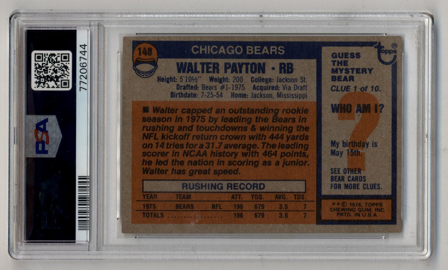 Walter Payton 1976 Topps #148 PSA 4 Very Good-Excellent 6744