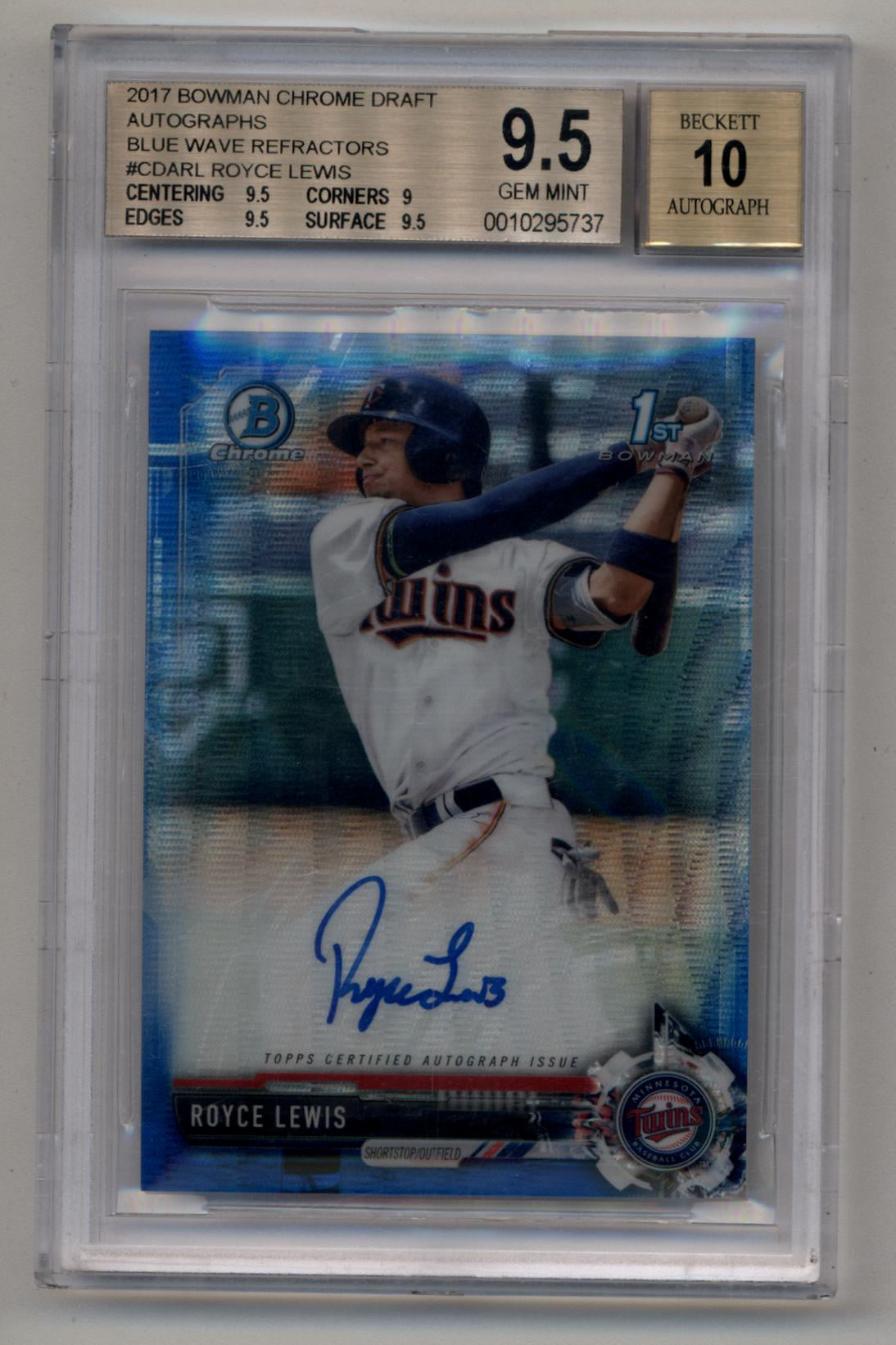 Royce Lewis 2017 Bowman Chrome Draft Blue Wave Refractor Auto 040/150 BGS 9.5 Gem Mint