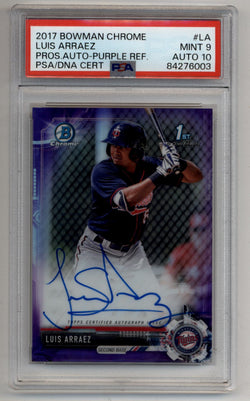 Luis Arraez 2017 Bowman Chrome Prospect Purple Refractor Auto 156/250 PSA 9 Mint Auto 10