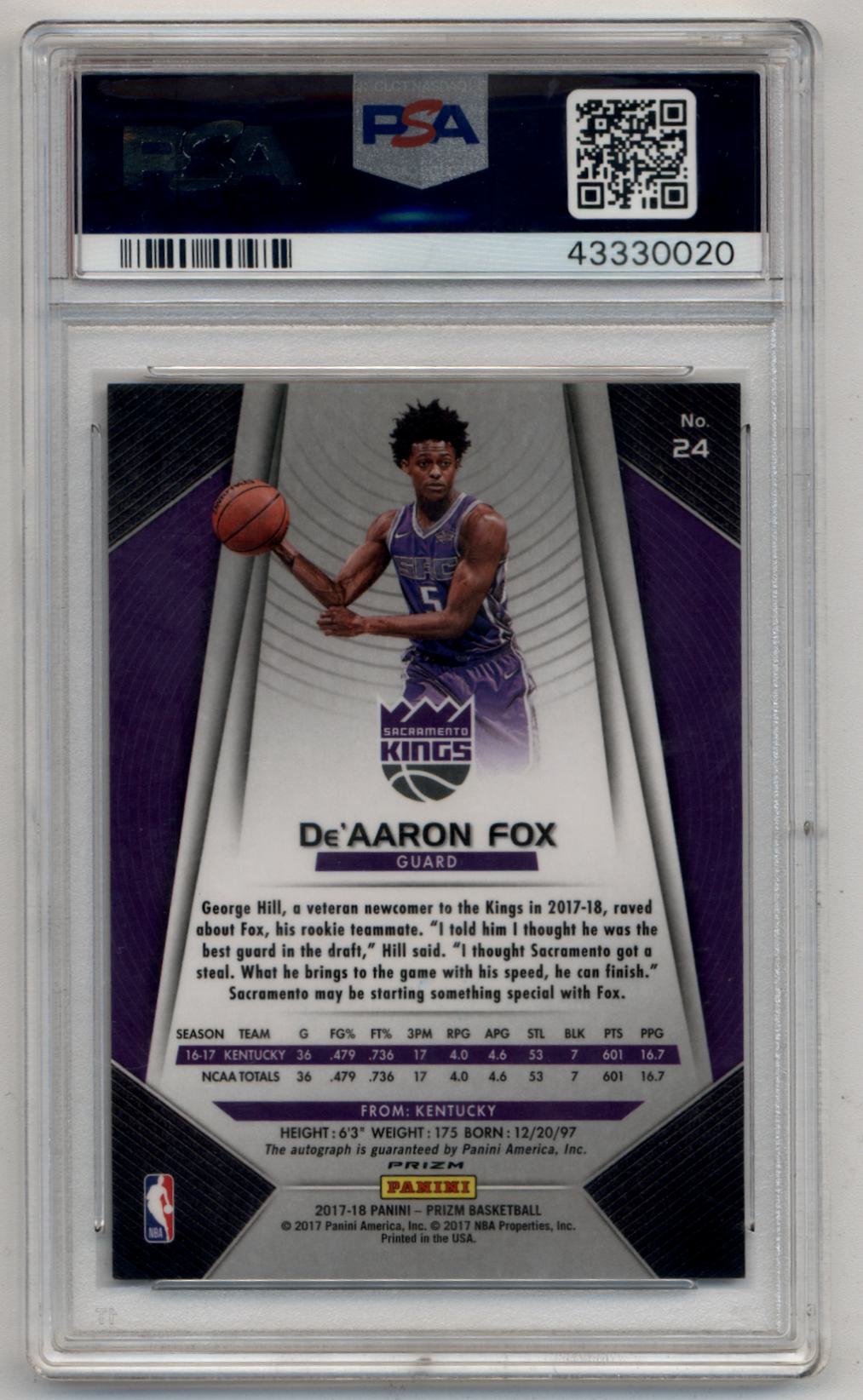 De'Aaron Fox 2017-18 Prizm Auto #24 PSA 9 Mint