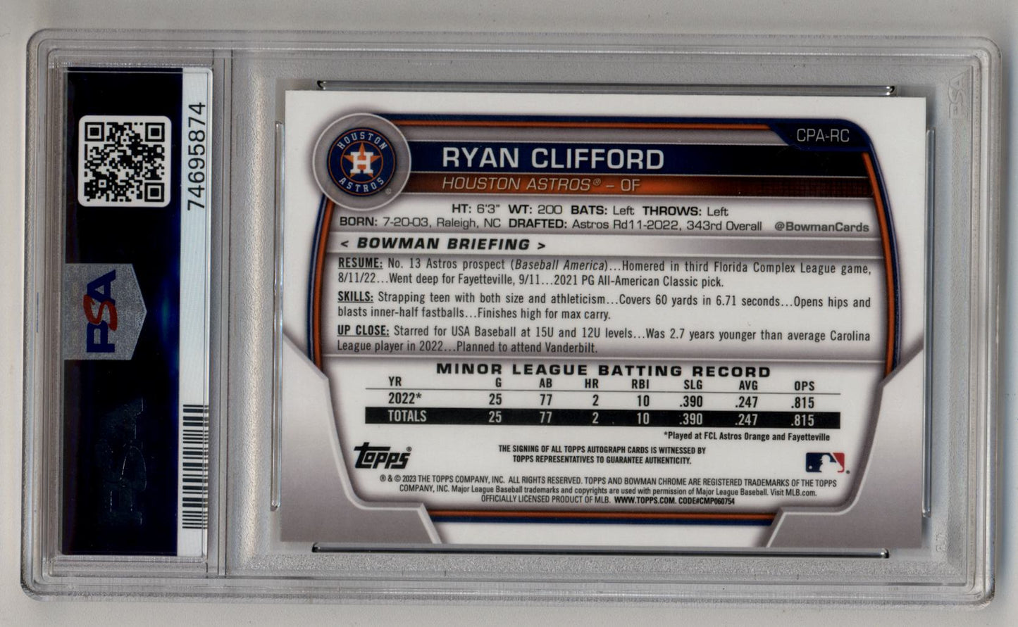 Ryan Clifford 2023 Bowman Chrome Prospect Auto Gold Shimmer 04/50 PSA 9 Mint Auto 10