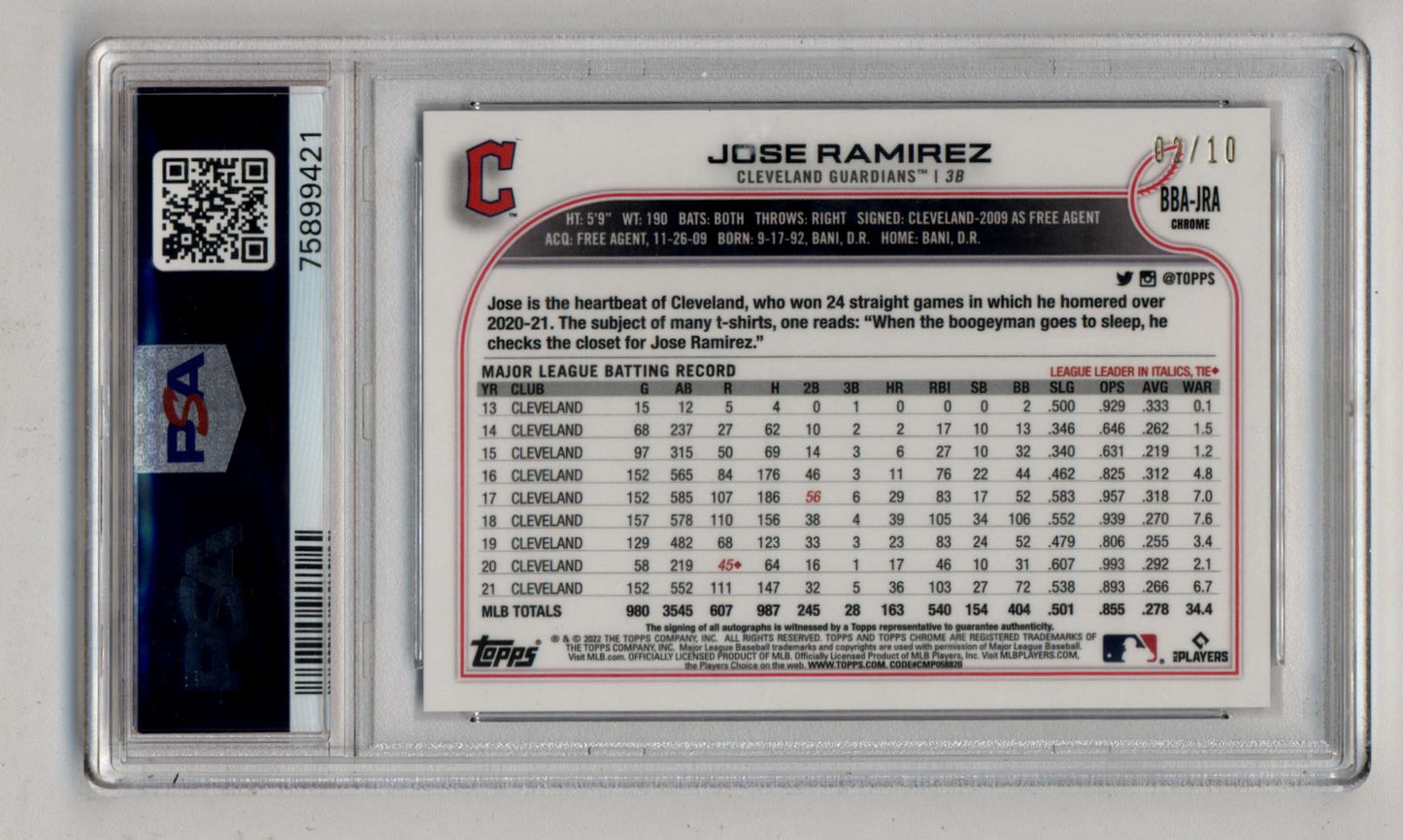 Jose Ramirez 2022 Ben Baller Chrome Rose Gold Auto 02/10 PSA 10 Gem Mint
