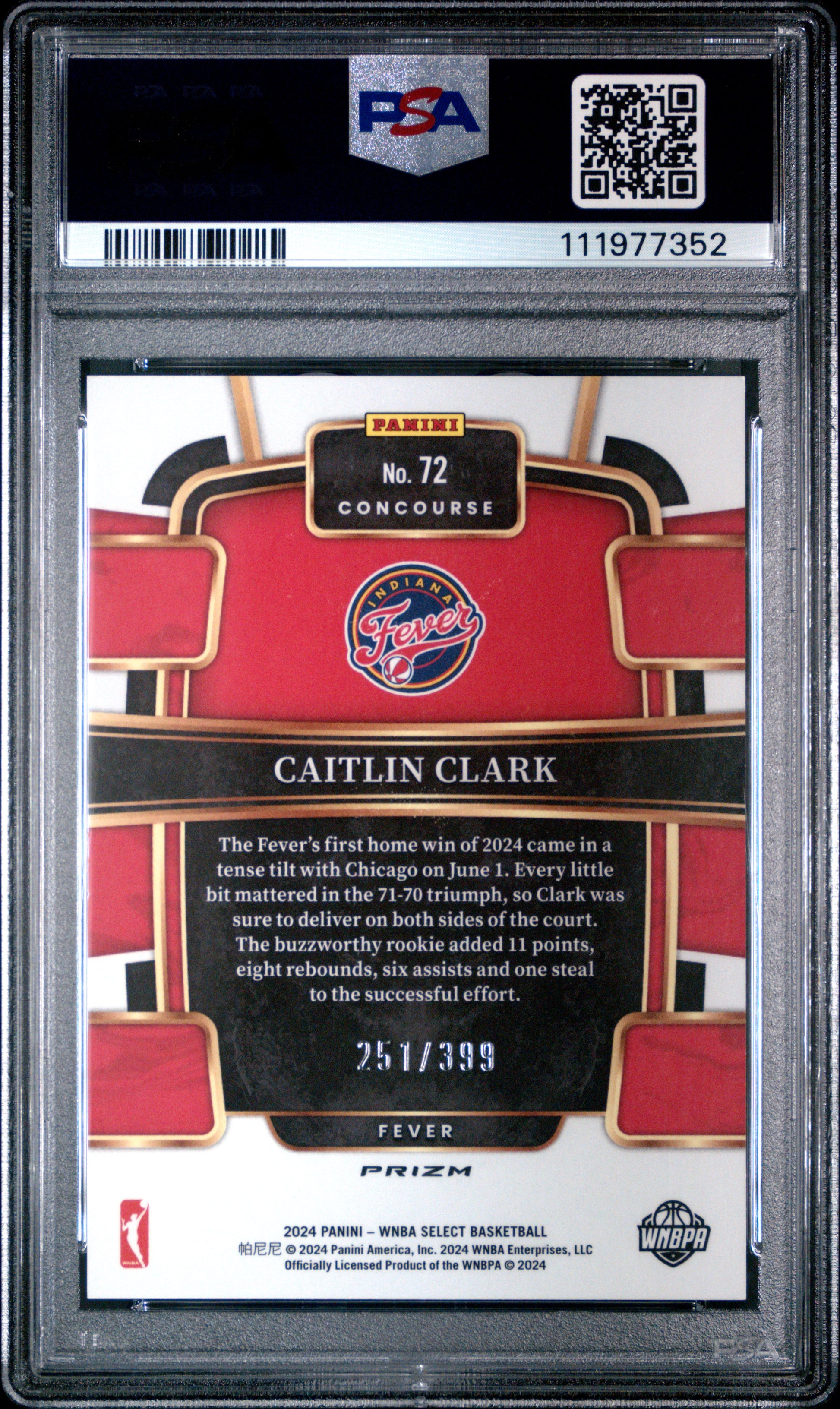 Caitlin Clark 2024 Panini Select Rookie #72 Red and Blue Prizm PSA 10 Gem Mint