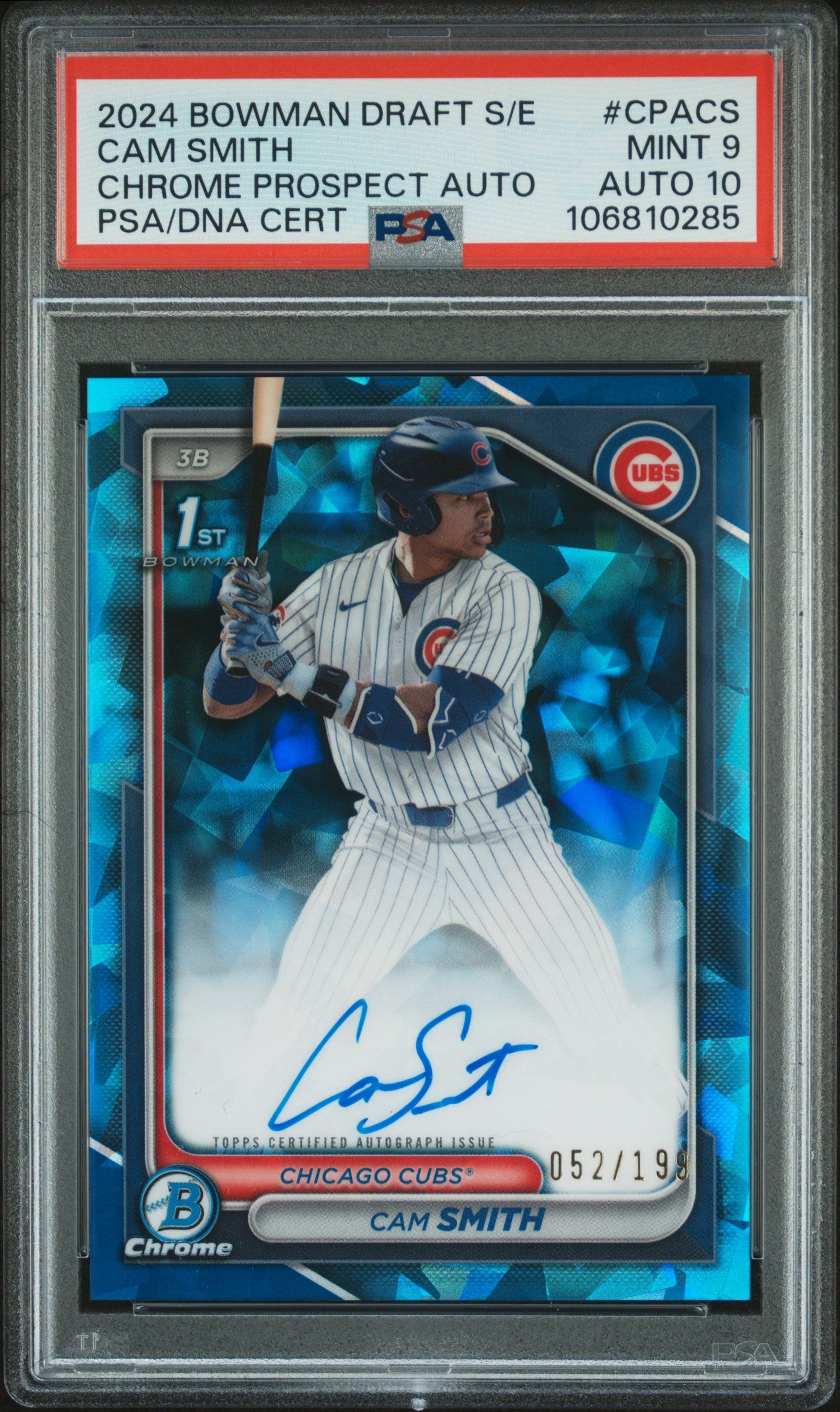 Cam Smith 2024 Bowman Draft Sapphire Autograph #52/199 PSA 9 Auto 10