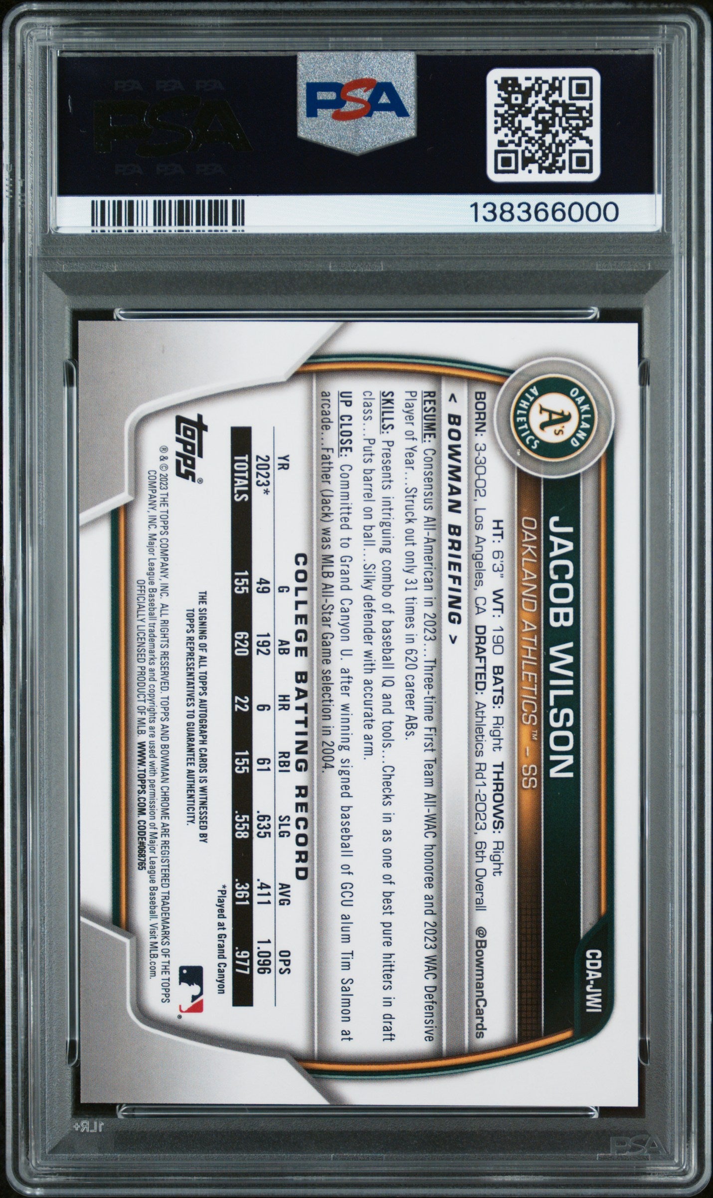 Jacob Wilson 2023 Bowman Chrome Draft Auto PSA 10 Auto 10 6000