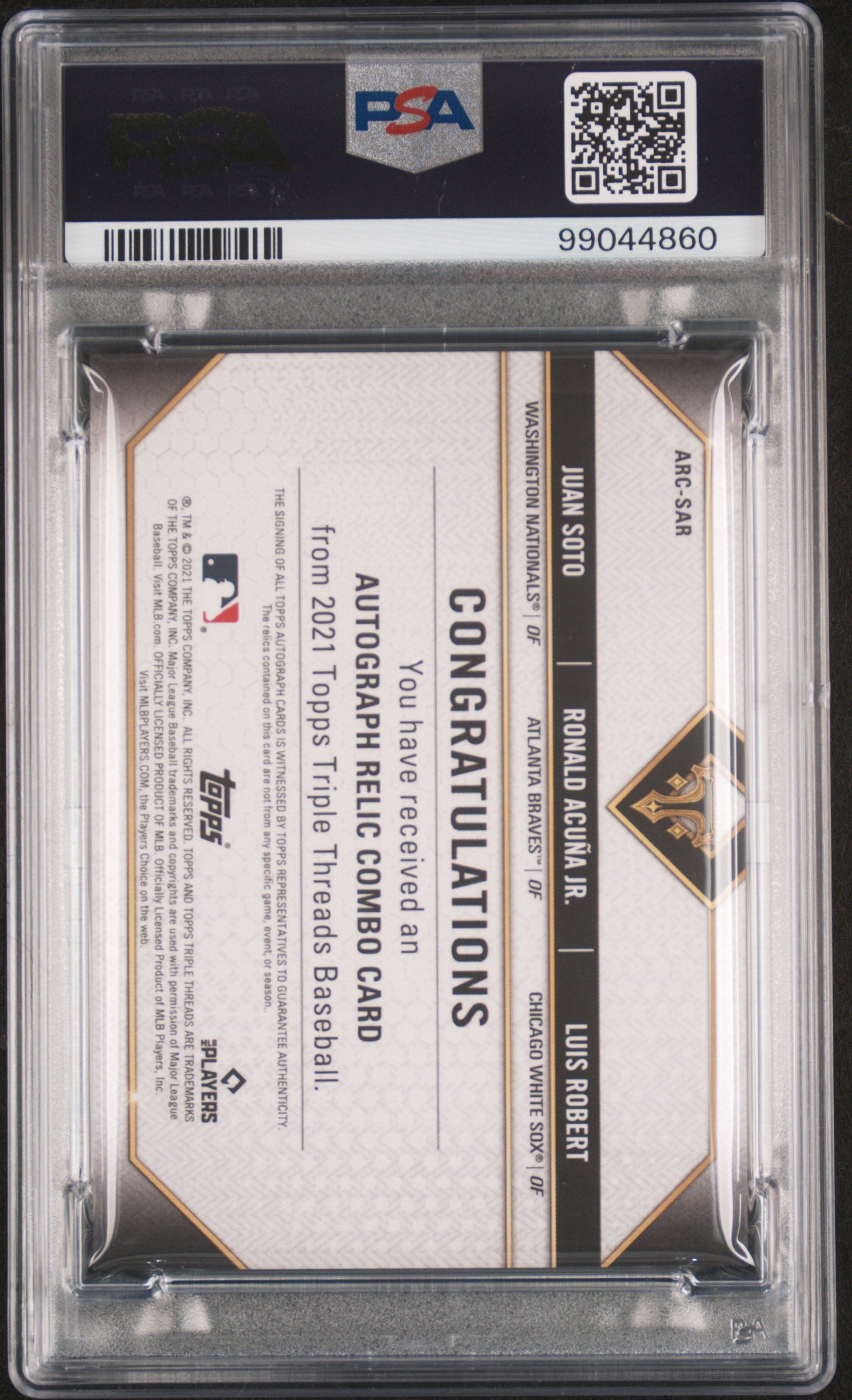 Juan Soto + Luis Robert + Roanld Acuna Jr. 2021 Topps Triple Threads Jersey Auto #4/27 PSA 9 Auto 10