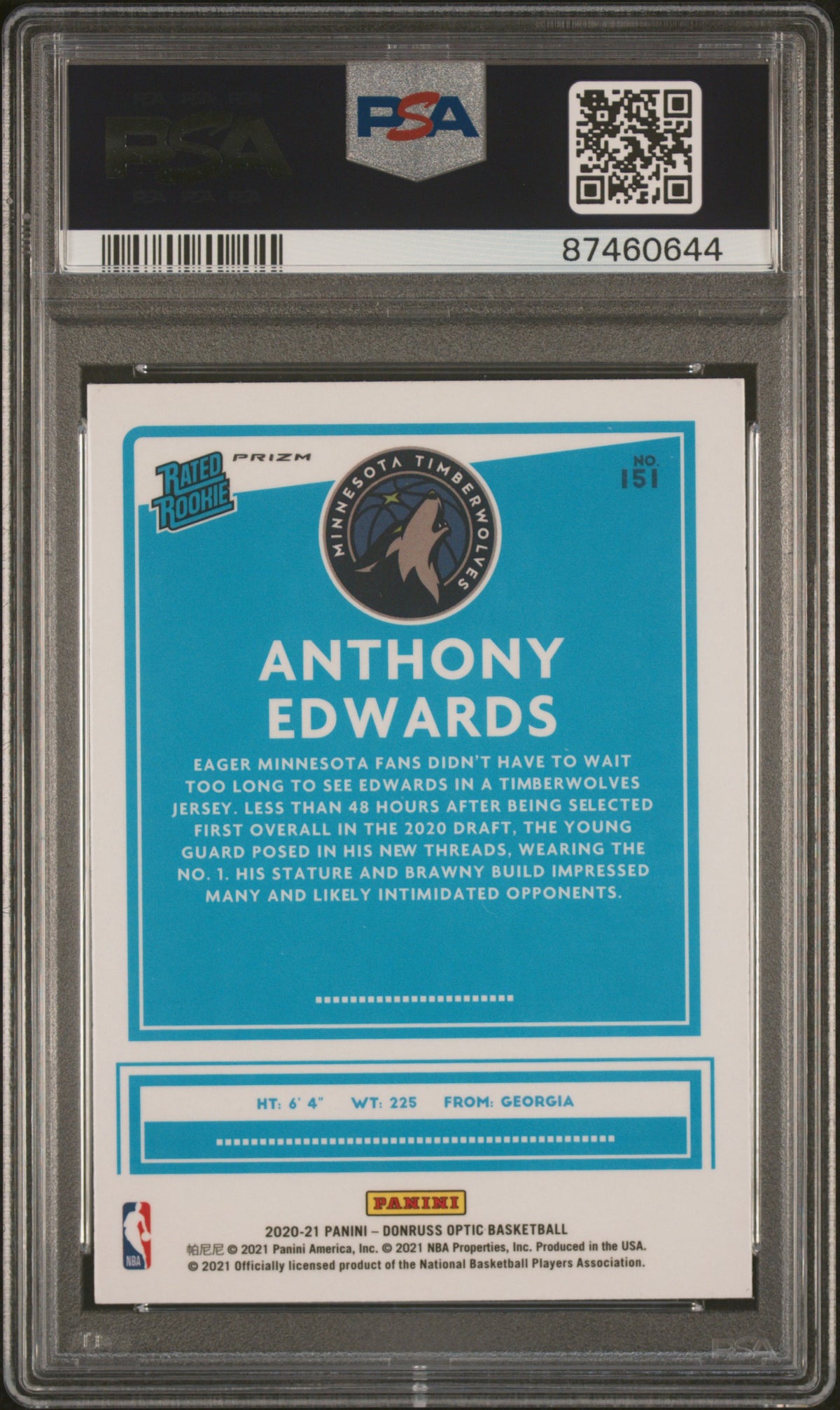 Anthony Edwards 2020 Donruss Optic Rookie #151 Blue Velocity PSA 10 Gem Mint 0644