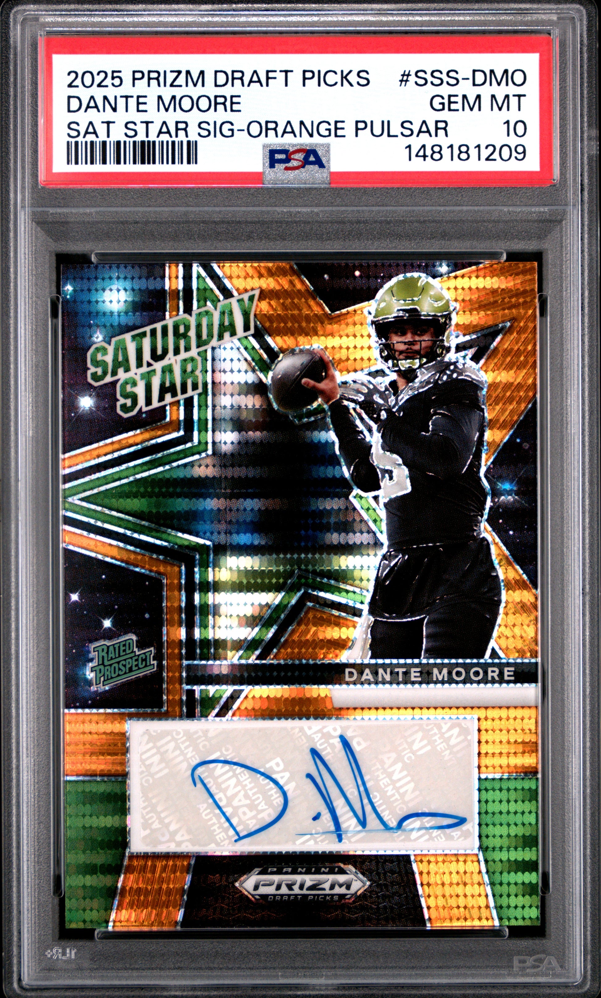 Dante Moore 2025 Panini PRizm Draft Saturday Star Orange Pulsar Auto #74/75 PSA 10 Gem Mint