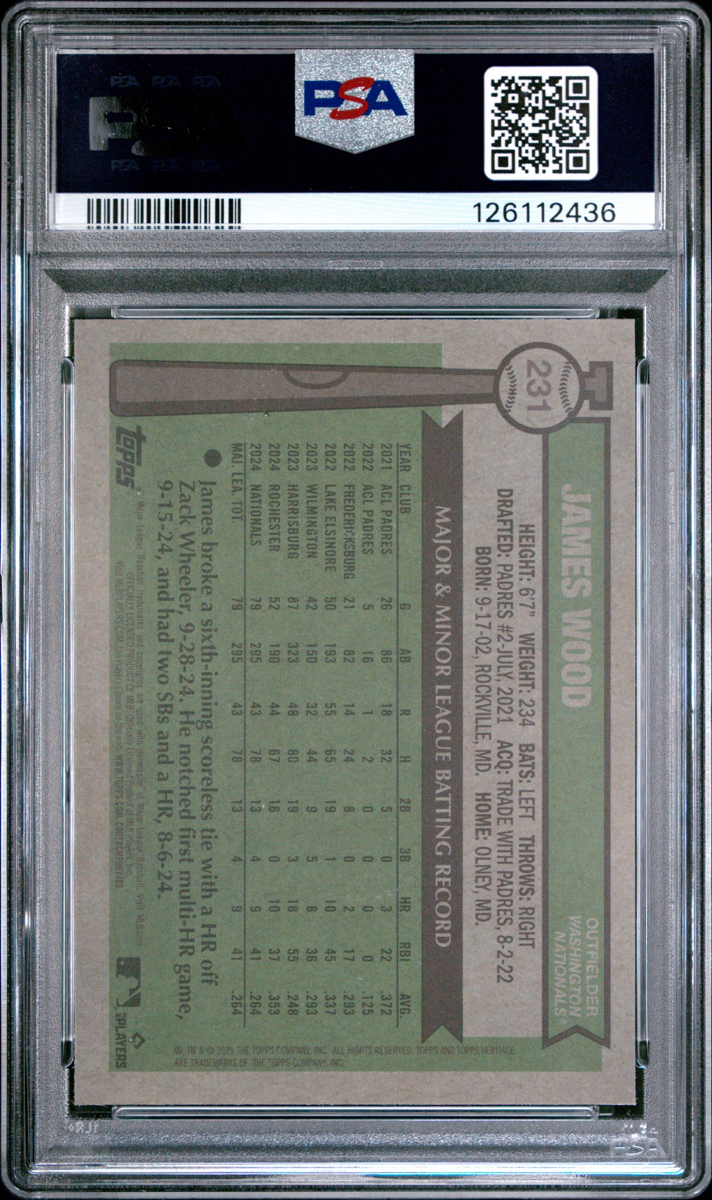 James Wood 2025 Topps Heritage Chrome #231 Blue Sparkle Refractor PSA 10 Gem Mint