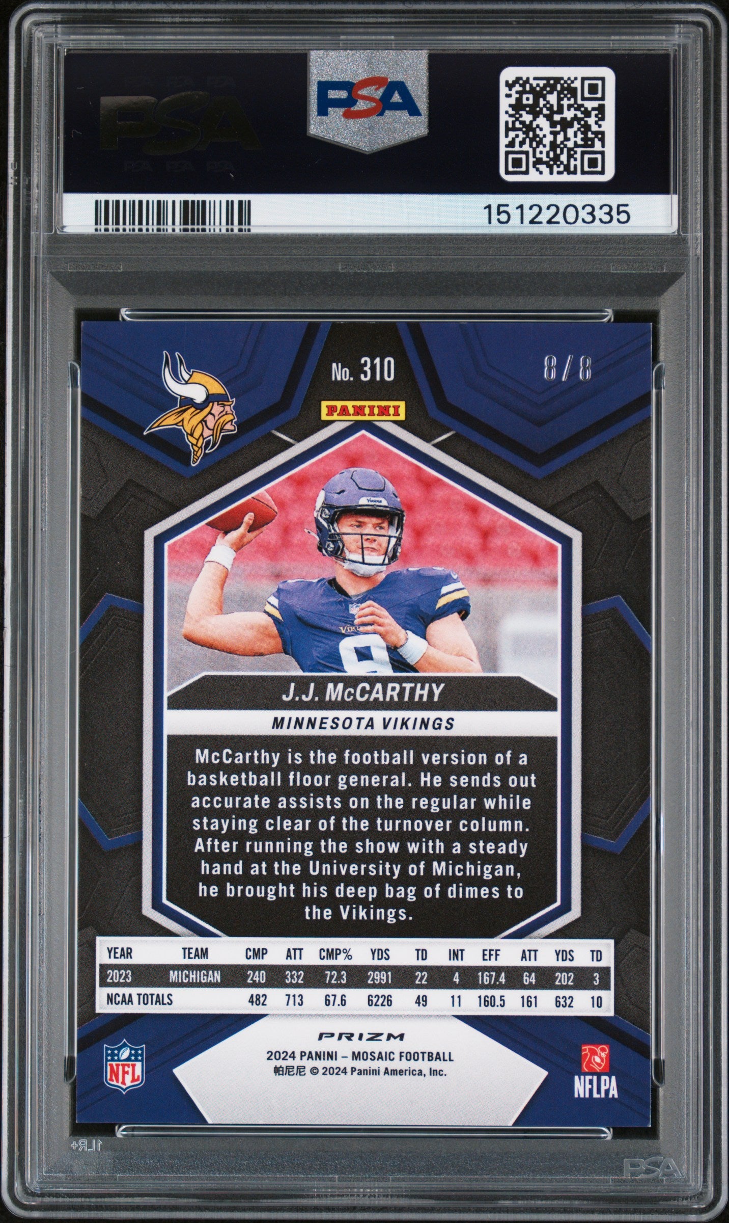 JJ McCarthy 2024 Panini Mosaic Rookie #310 Green Sparkle #8/8 PSA 9 Mint