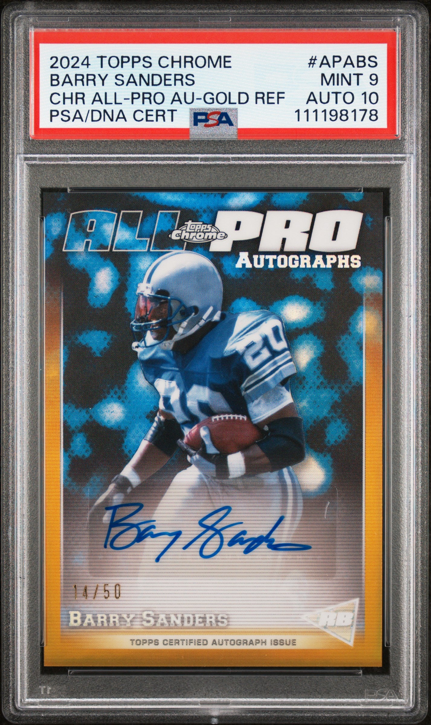 Barry Sanders 2024 Topps Chrome All-Pro Gold Refractor Auto #14/50 PSA 9 Auto 10