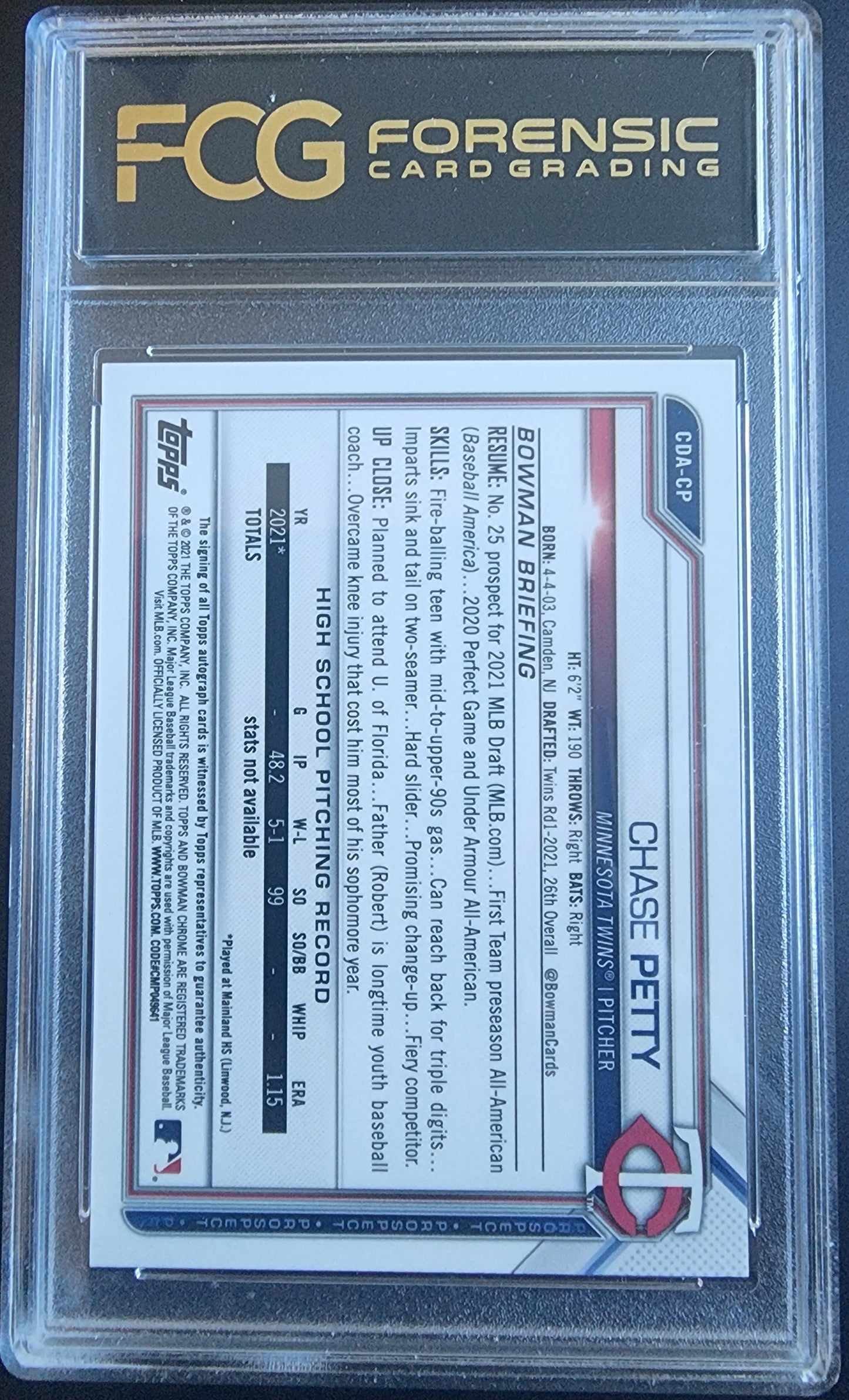 Chase Petty 2021 Bowman Chrome Draft Black Refractor Auto #55/75 FCG 9 Auto 10