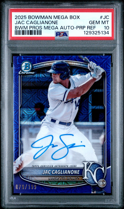 Jac Caglianone 2025 Bowman Mega Box Purple Refractor Auto #79/199 PSA 10 Gem Mint