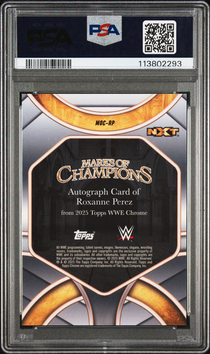 Roxanne Perez 2025 Topps Chrome WWE Marks of Champions Blue Auto #52/150 PSA 10 Auto 10