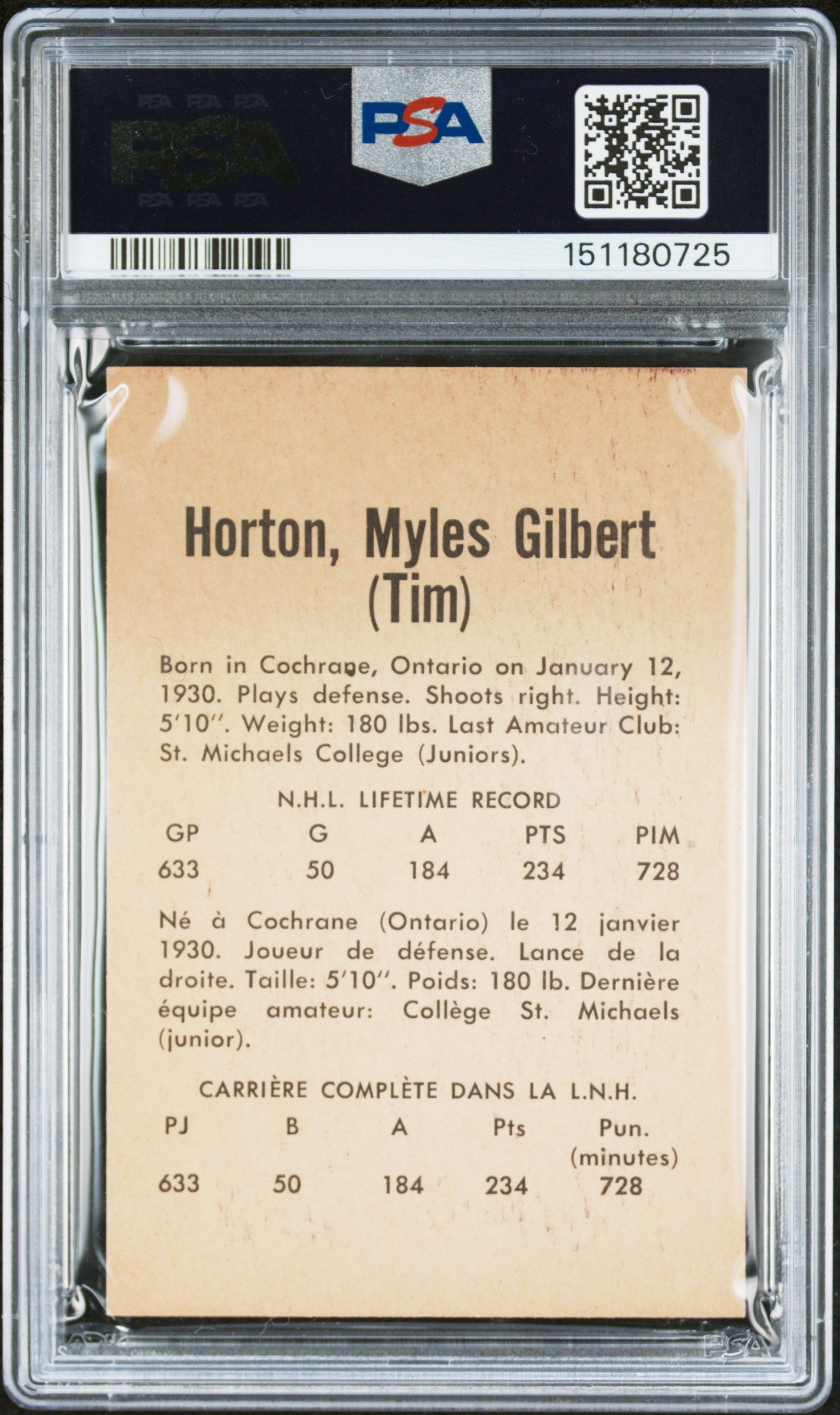 Tim Horton 1962 Parkhurst #7 PSA 7 Near Mint