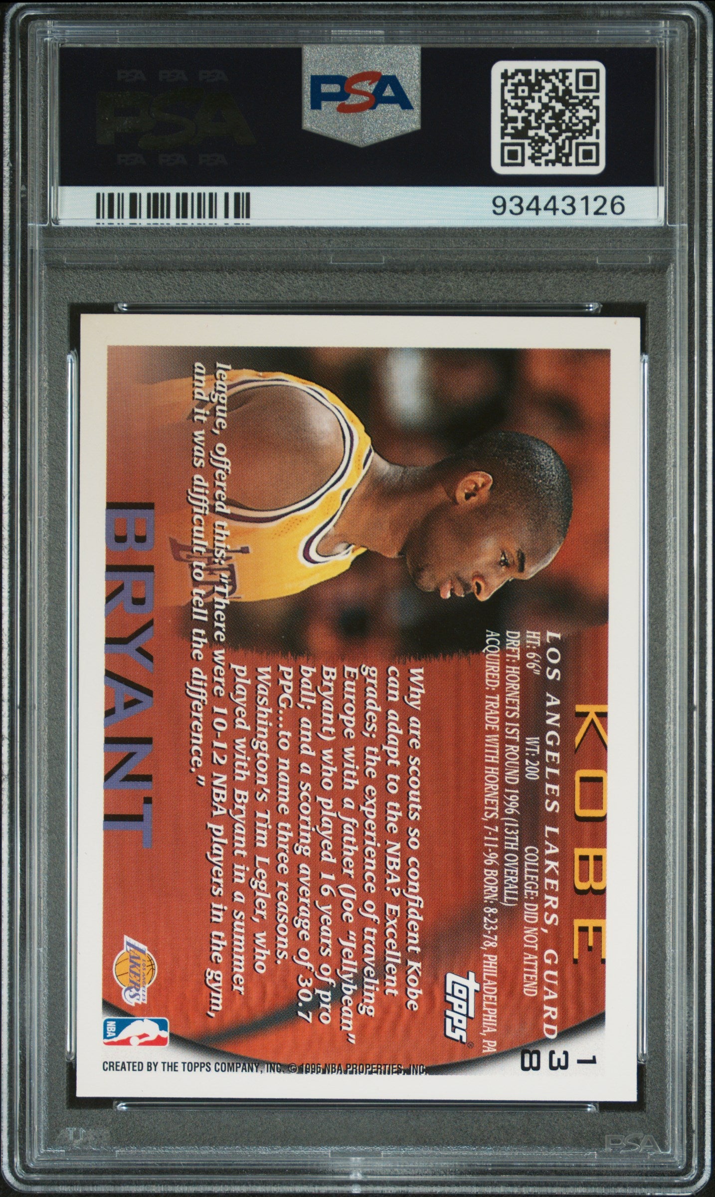 Kobe Bryant 1996 Topps Rookie #138 PSA 9 Mint 3126