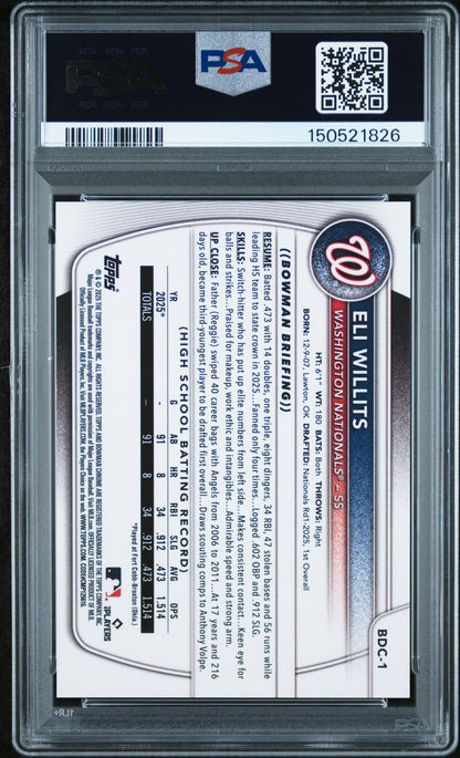 Eli Willits 2025 Bowman Draft Mega Box Gold Refractor #6/50 PSA 10 Gem Mint