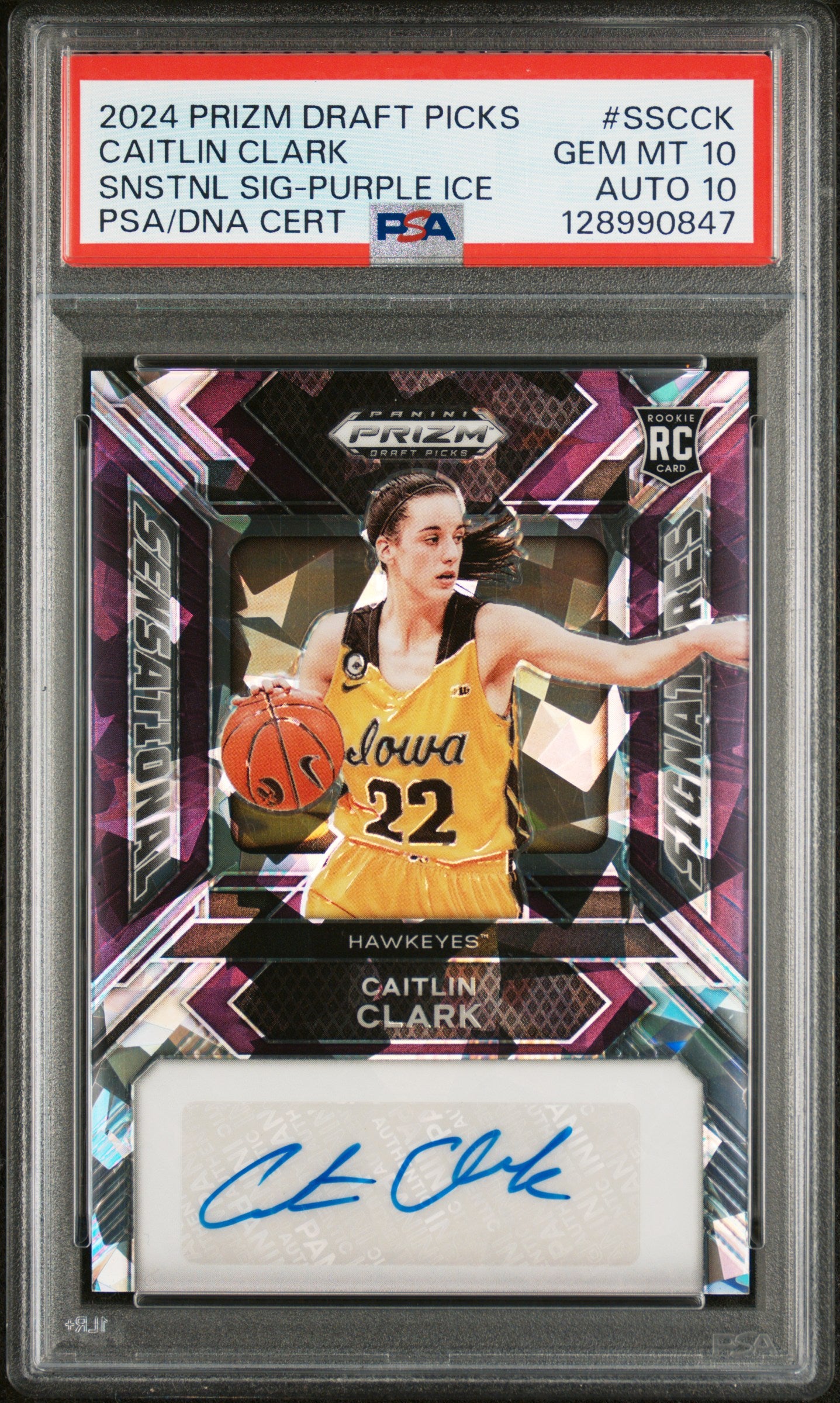 Caitlin Clark 2024 Prizm Draft Picks Purple Ice Auto #87/99 PSA 10 Auto 10