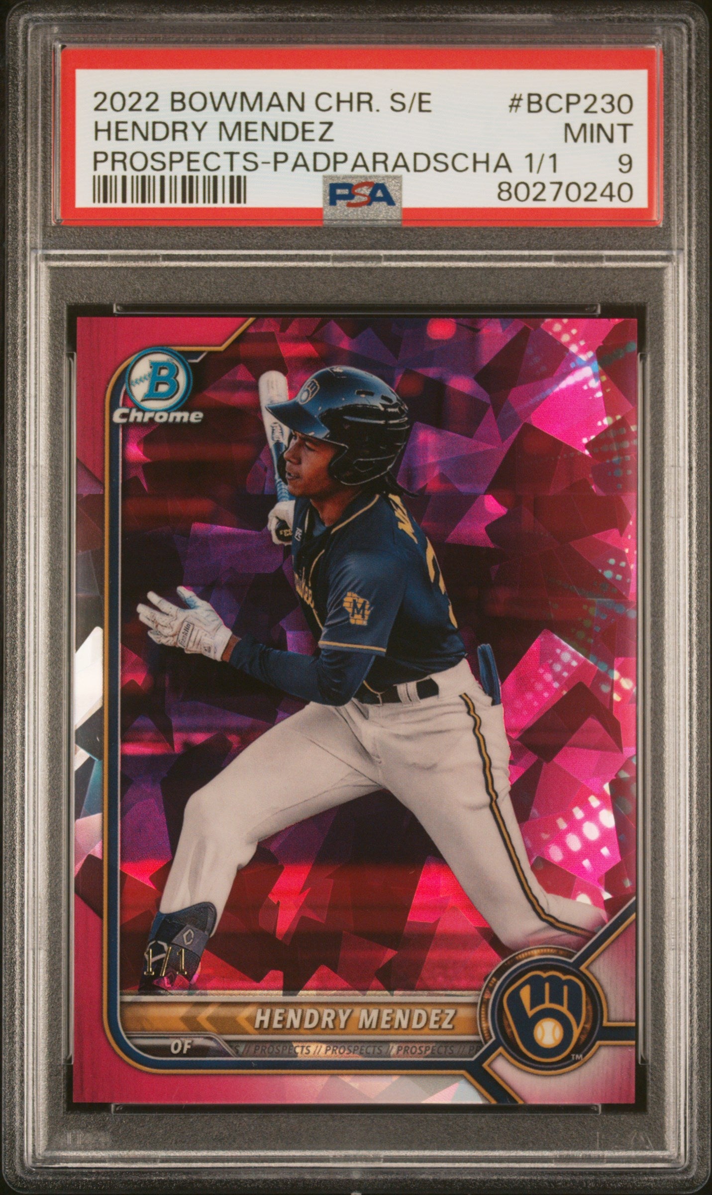 Hendry Mendez 2022 Bowman Chrome SApphire Padparadscha #1/1 PSA 9 Mint