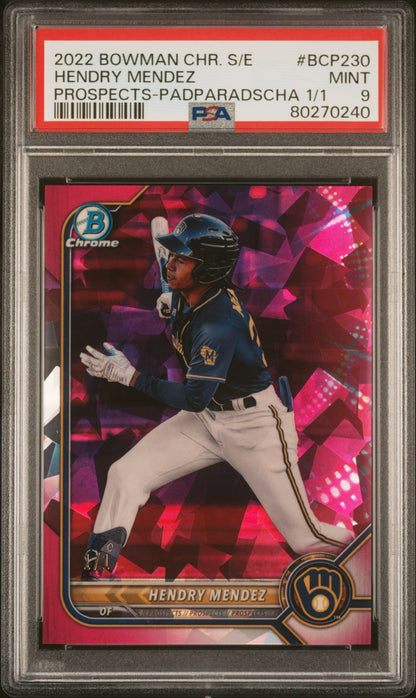 Hendry Mendez 2022 Bowman Chrome SApphire Padparadscha #1/1 PSA 9 Mint