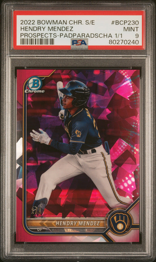 Hendry Mendez 2022 Bowman Chrome SApphire Padparadscha #1/1 PSA 9 Mint