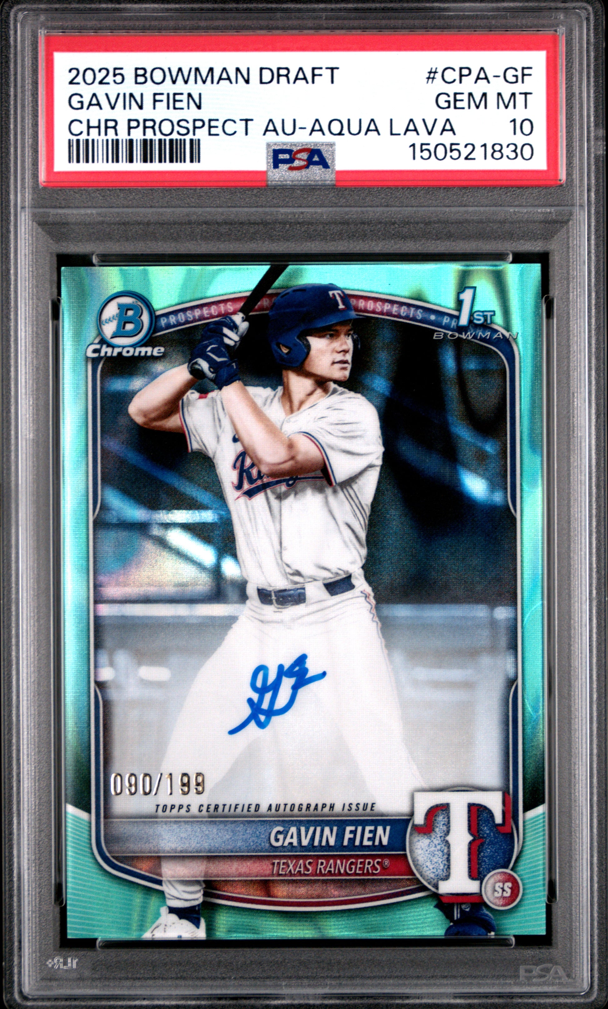 Gavin Fein 2025 Bowman Chrom Draft Aqua Lava Refactor Auto #90/199 PSA 10 Gem Mint