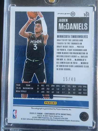 Jaden McDaniels 2020 Panini Contenders Optic Blue Auto RC #15/49
