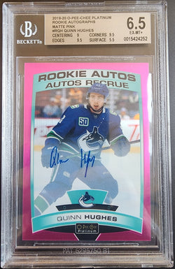 Quinn Hughes 2019 OPC Platinum Matte Pink Auto RC #41/99 BGS 6.5 Ex-Mt+