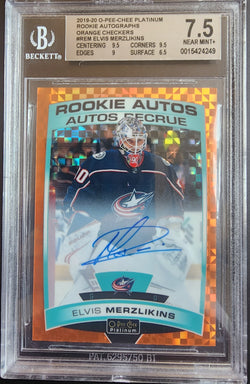 Elvis Merzlikins 2019 OPC Platinum Orange Checkers Auto #4/15 BGS 7.5