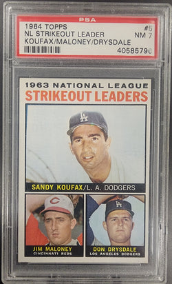 Sandy Koufax + Don Drysdale + Maloney 1964 Topps Leaders #5 PSA 7 Near Mint