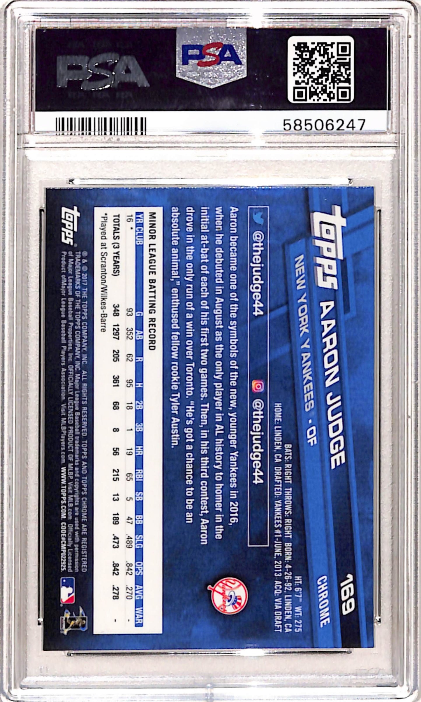Aaron Judge 2017 Topps Chrome Rookie #169 PSA 10 Gem Mint
