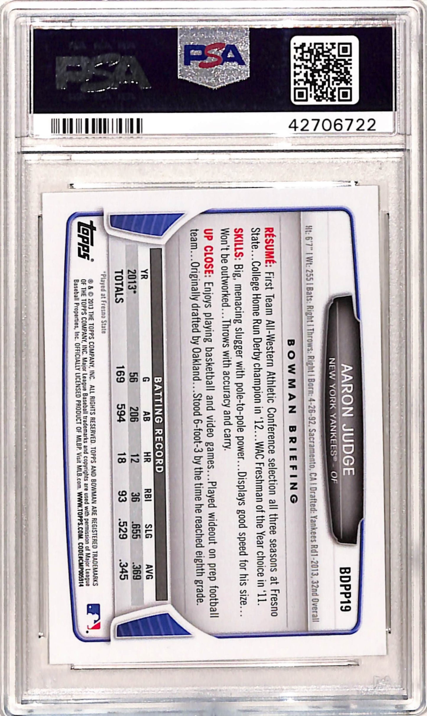 Aaron Judge 2013 Bowman Draft #BDPP19 PSA 10 Gem Mint 6722
