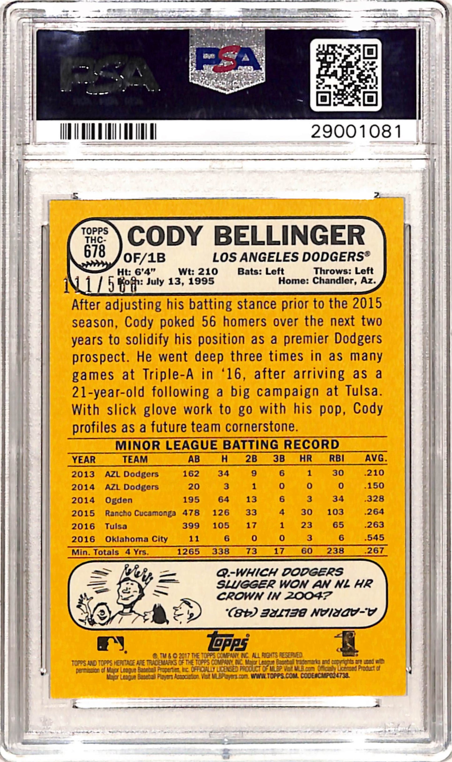 Cody Bellinger 2017 Topps Heritage Chrome Refractor #678 PSA 10 Gem Mint