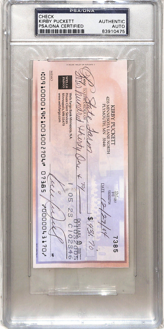 Kiirby Puckett PSA/DNA Signed Check PSA Authentic Auto