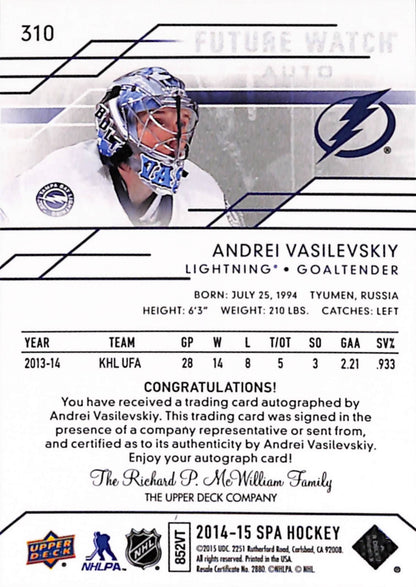 Andrei Vasilevskiy 2014 SP Authentic Rookie Auto #865/999