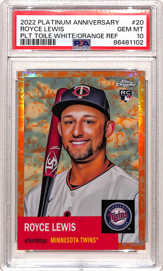 Royce Lewis 2022 Topps Platinum Anniversary Toile White/Orange Ref #9/25 PSA 10 Gem Mint