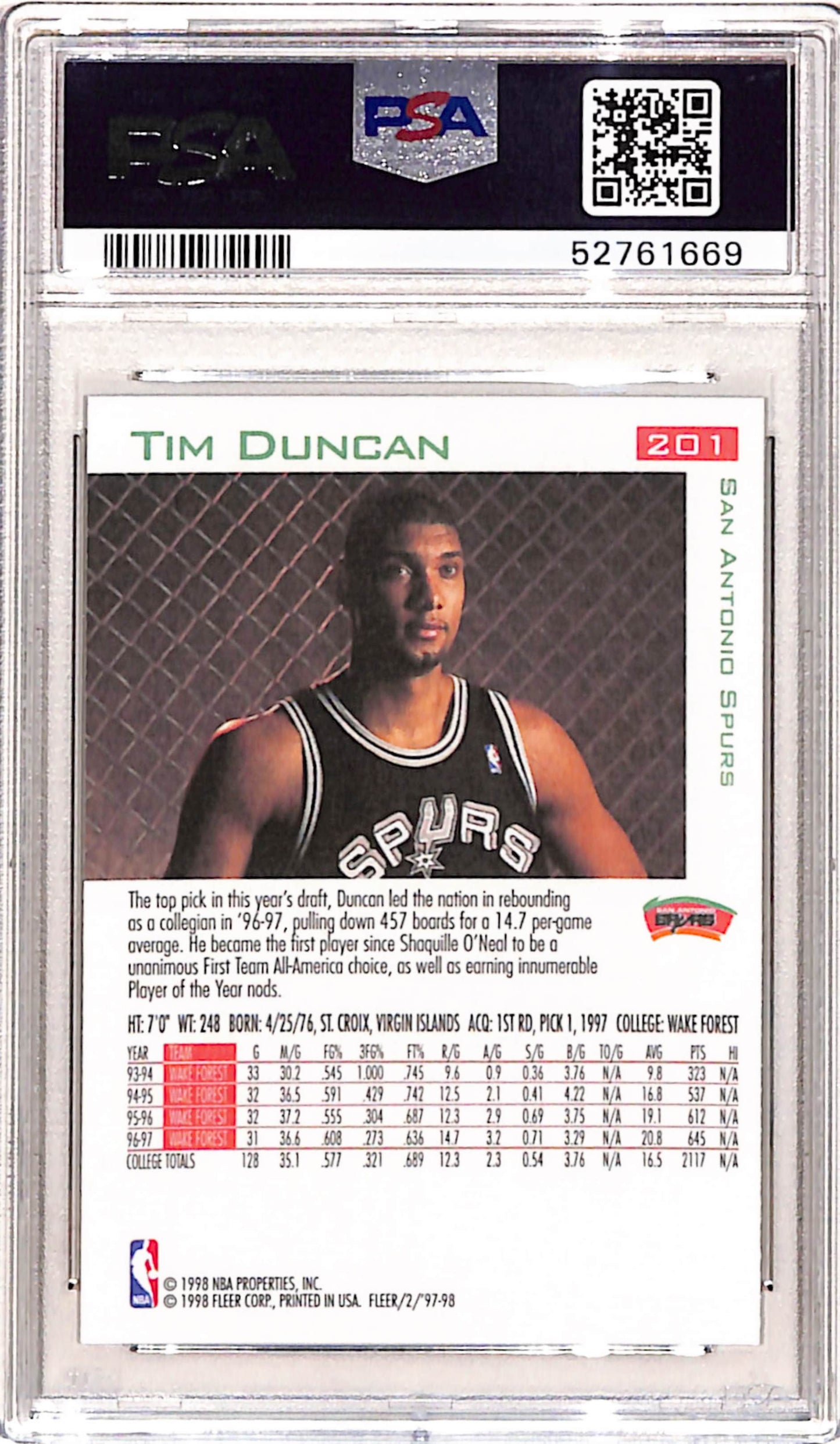 Tim Duncan 1997 Fleer Rookie #201 PSA 10 Gem Mint 1669