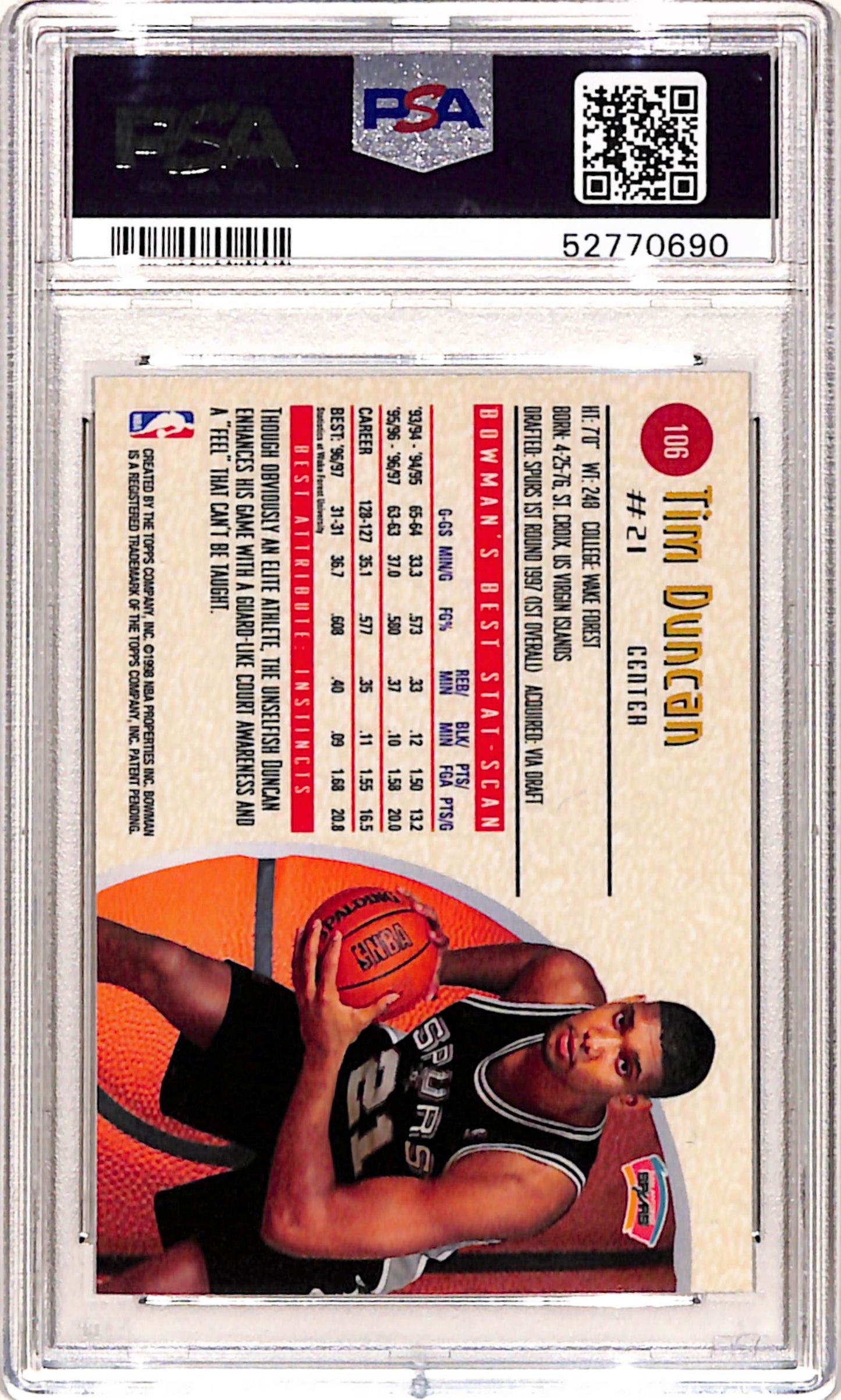 Tim Duncan 1997 Bowmans Best Rookie #106 PSA 10 Gem Mint 0690