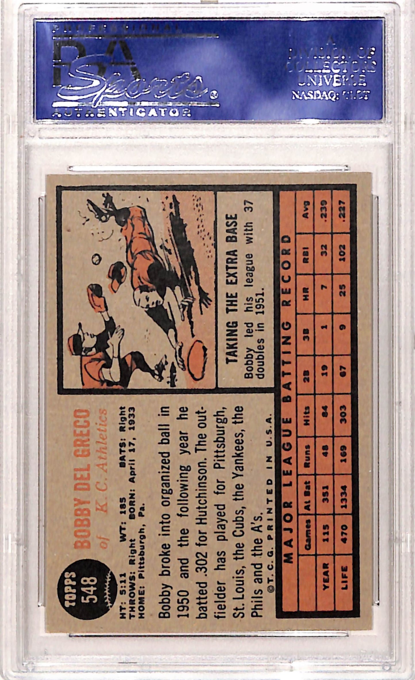 Bobby Del Greco 1962 Topps #548 PSA 9 Mint