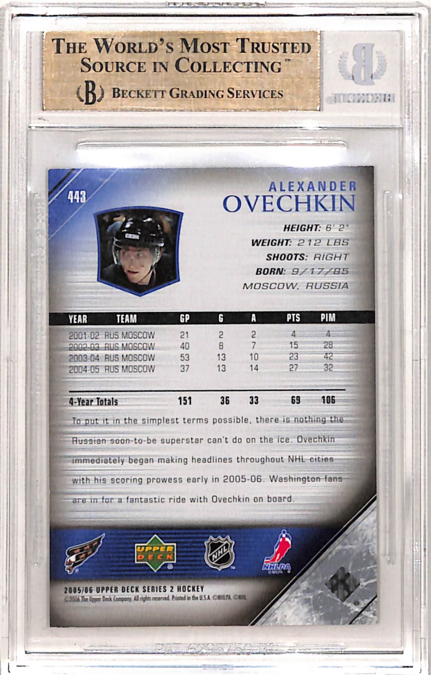 Alex Ovechkin 2005 Upper Deck Rookie #443 BGS 9.5 Gem Mint