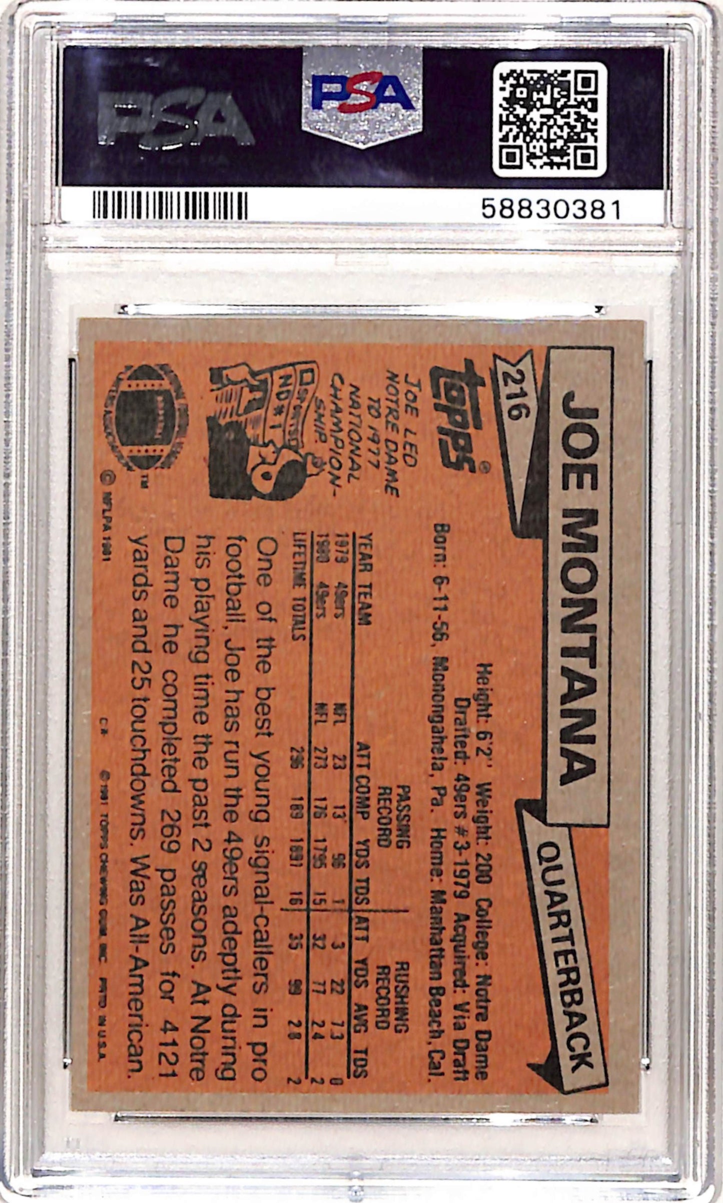 Joe Montana 1981 Topps Rookie #216 PSA 8 Nm-Mint 0381