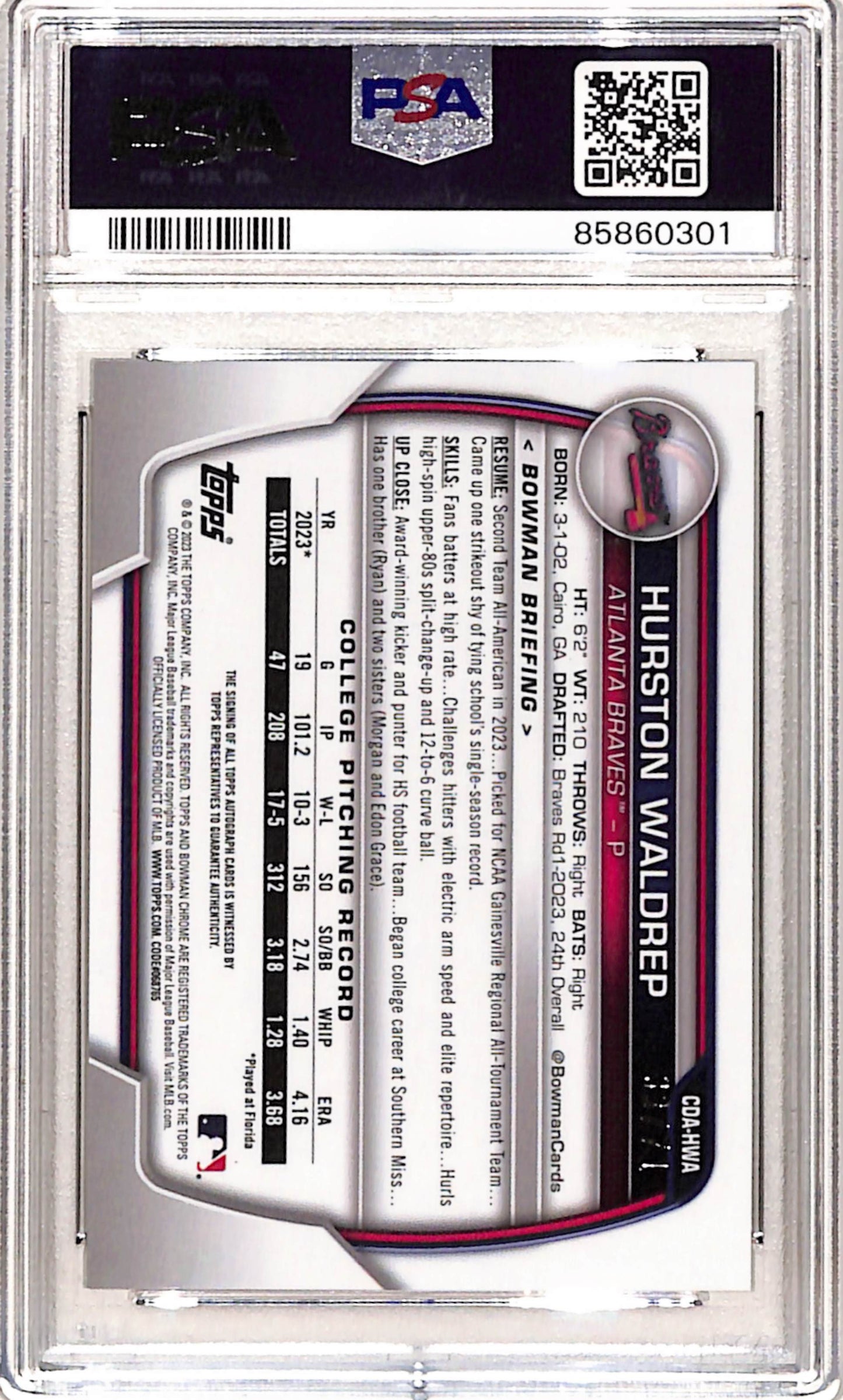 Hurston Waldrep 2023 Bowman Chrome Draft Sparkle Refractor Auto #33/71 PSA 10 Gem Mint