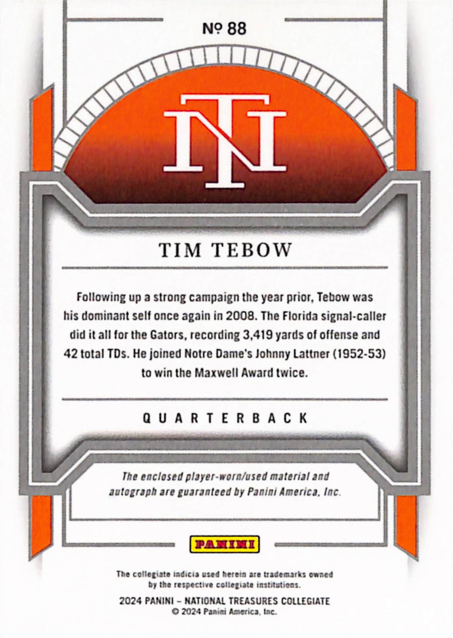 Tim Tebow 2024 Panini National Treasures Collegiate Jersey Auto #18/49