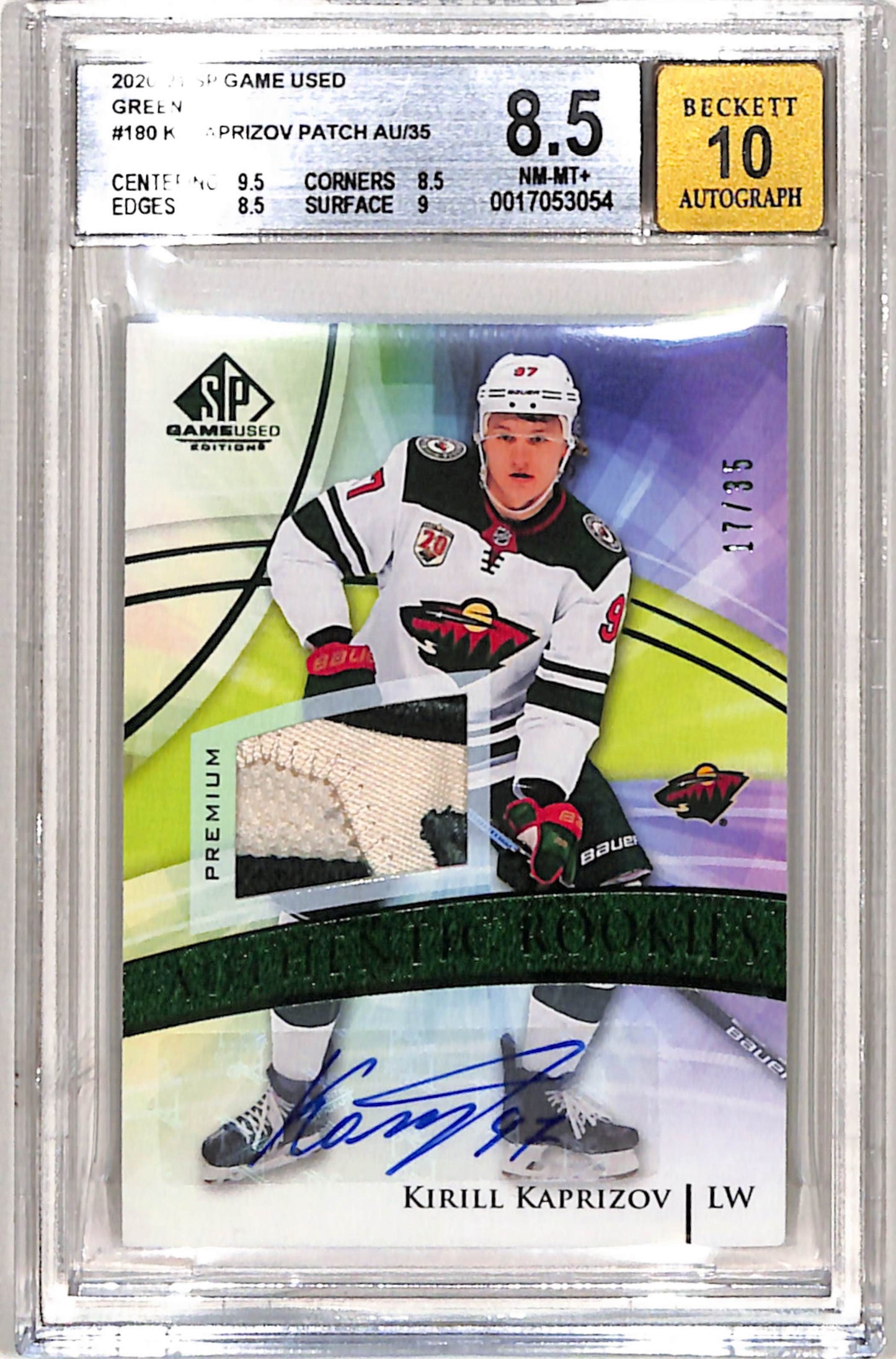 Kirill Kaprizov 2020 Upper Deck SP Game-Used Rookie Patch Auto #17/35 BGS 8.5 Auto 10