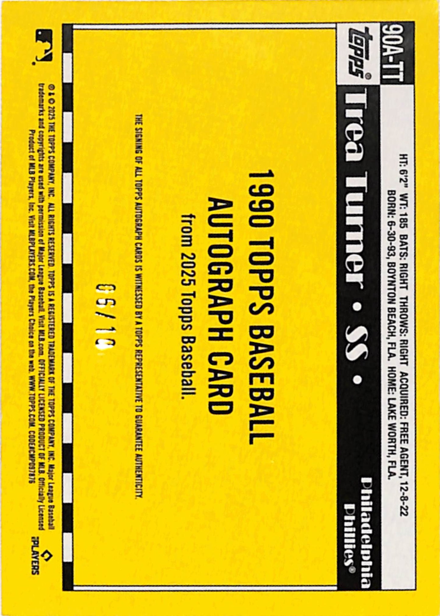 Trea Turner 2025 Topps Baseball 1990 Auto #6/10