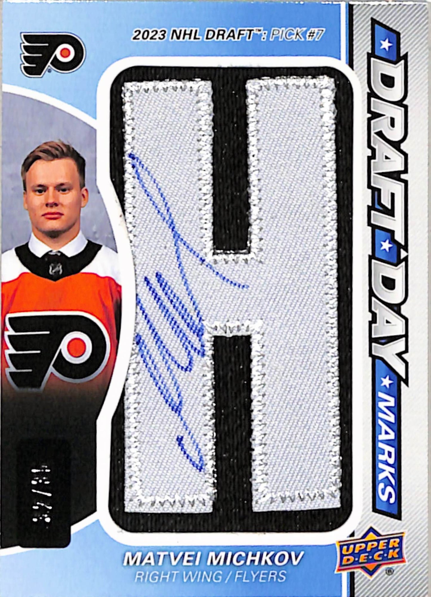 Matvei Michkov 2024 Upper Deck SP Game Used Draft Day Marks Auto #32/35