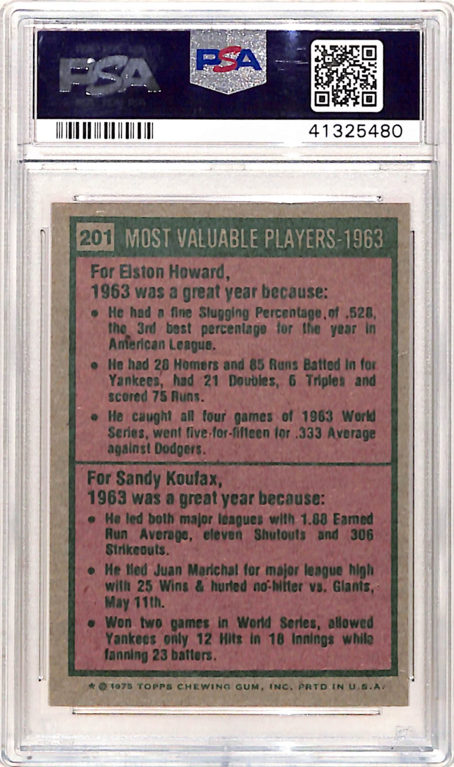 Sandy Koufax + Elston Howard 1975 Topps MVPs #201 PSA 10 Gem Mint